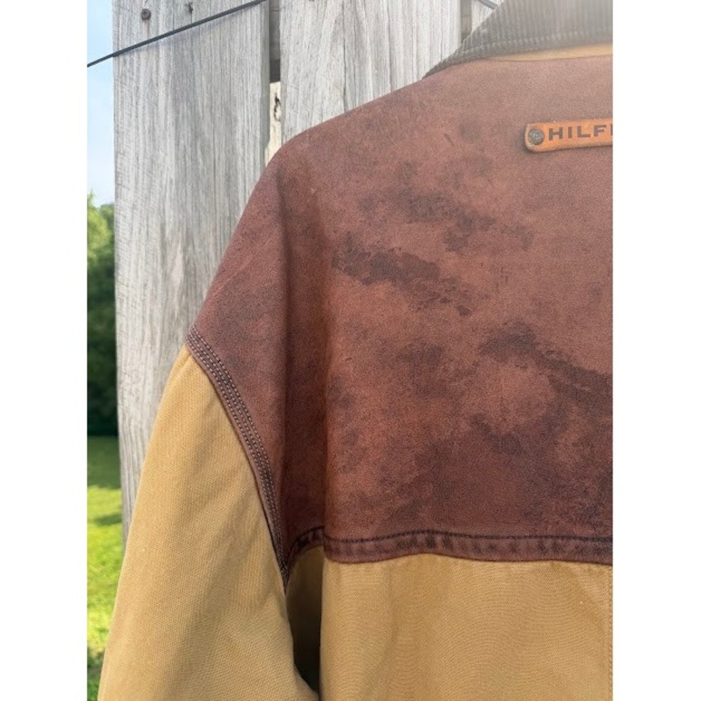 Vintage Tommy Hilfiger Canvas Barn Chore Jacket Tan Leather Yoke Corduroy Plaid - Picture 11 of 16